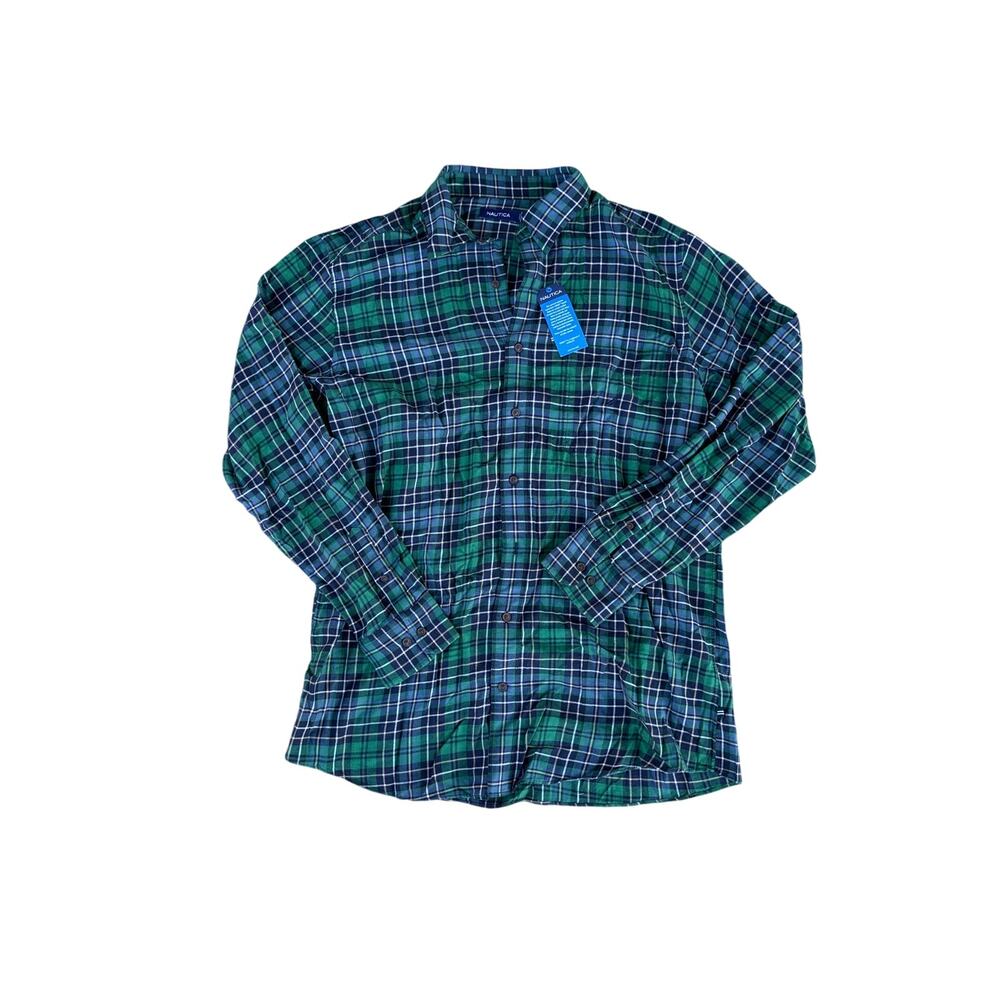 Nautica Men’s 1XL Plaid Button Down Shirt NWT Green Navy Black Watch Tartan